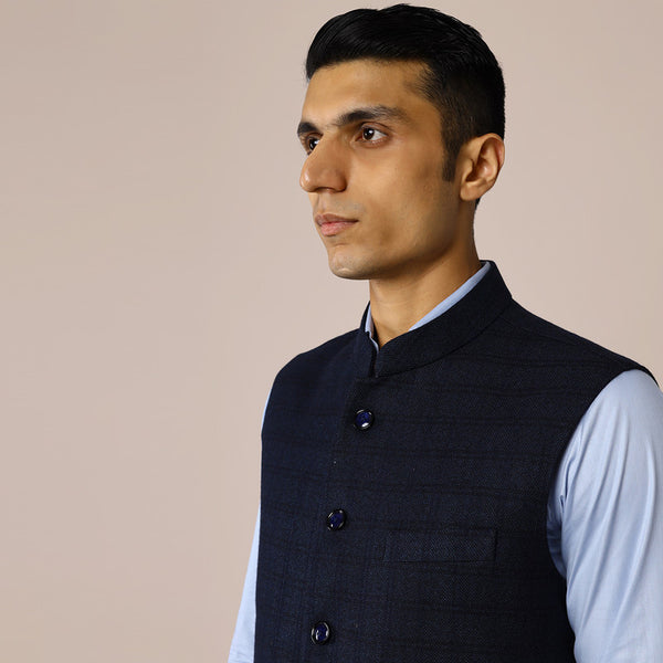 Woolen Mens Nehru Jacket | Blue