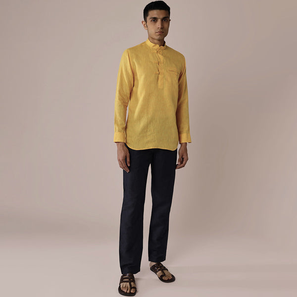 Linen Short Kurta for Men | Popover | Yellow