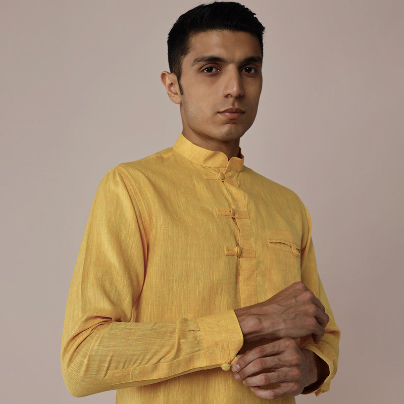 Linen Short Kurta for Men | Popover | Yellow