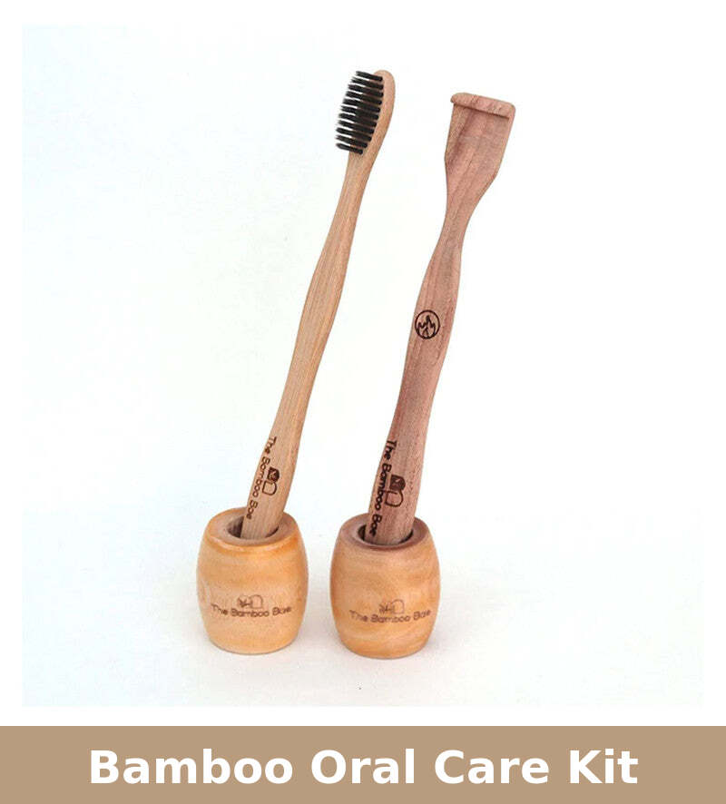 Bamboo Oral Care Kit | Toothbrush, Tongue Cleaner with 2 Holders | Set of 5