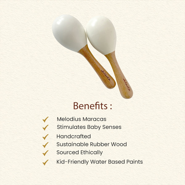 Wooden Rattle for Baby | Maracas | White | BPA Free | Set of 2