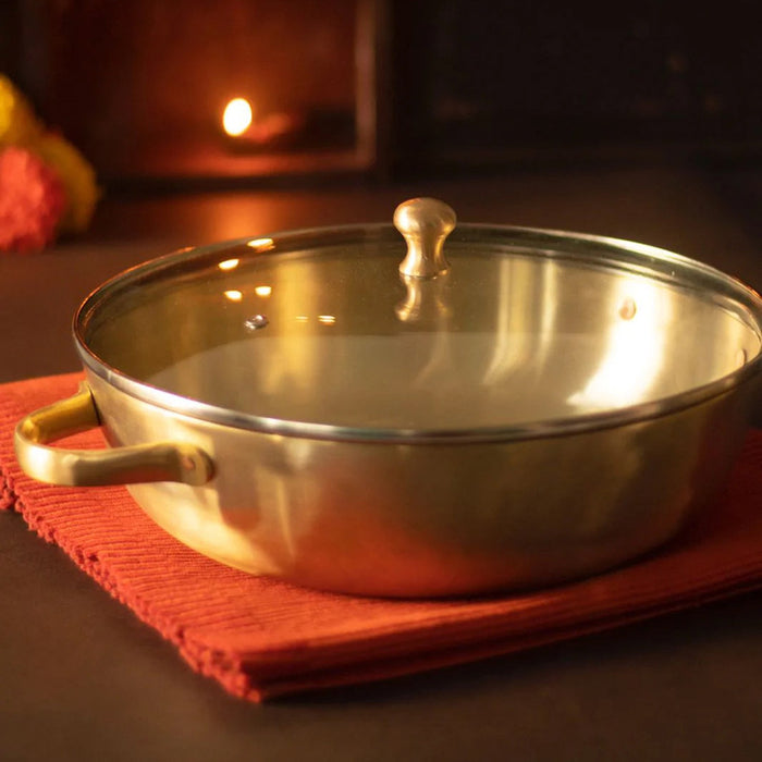 Bronze Casserole with Glass Lid | Kansa Utensils | 3.6 Litre