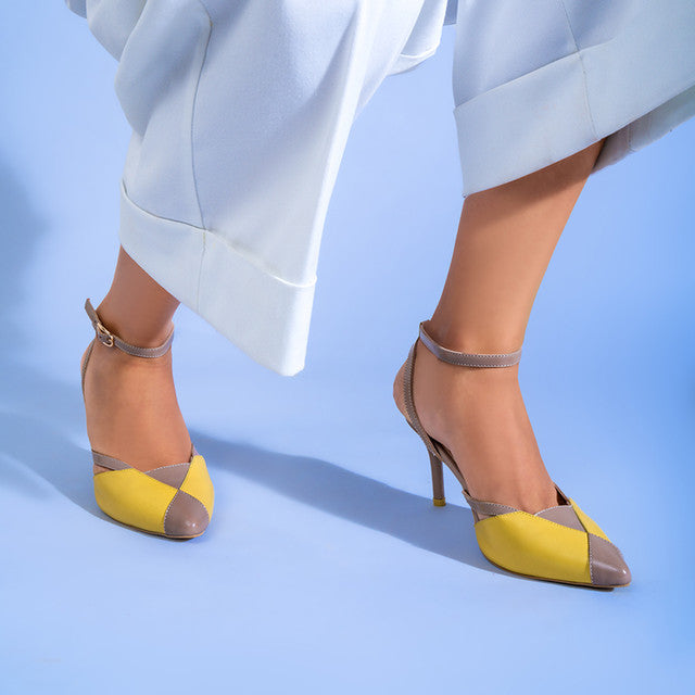 Ethically Sourced & Chromium Free Leather Pencil Heels | Yellow & Nude