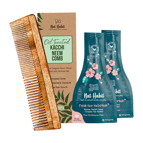 Nat Habit Dual Tooth Comb & Fresh Hibiscus Nutri Mask Combo | Hair Mask | Set of 3
