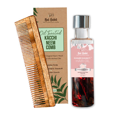 Nat Habit Dual Tooth Kacchi Neem Comb & Hibiscus Dasabuti Hair Oil Combo | Set of 2