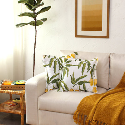 Cotton Sofa Cushion Cover | Leaf Print | Yellow