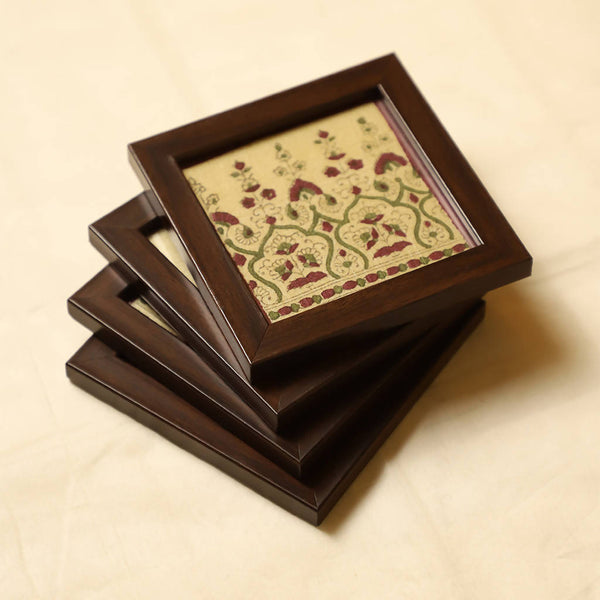 Tussar Wooden Coaster | Handblock Printed | Set of 2