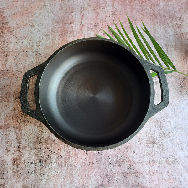 Cast Iron Kadai | Smooth Flat | Black | 9 inches