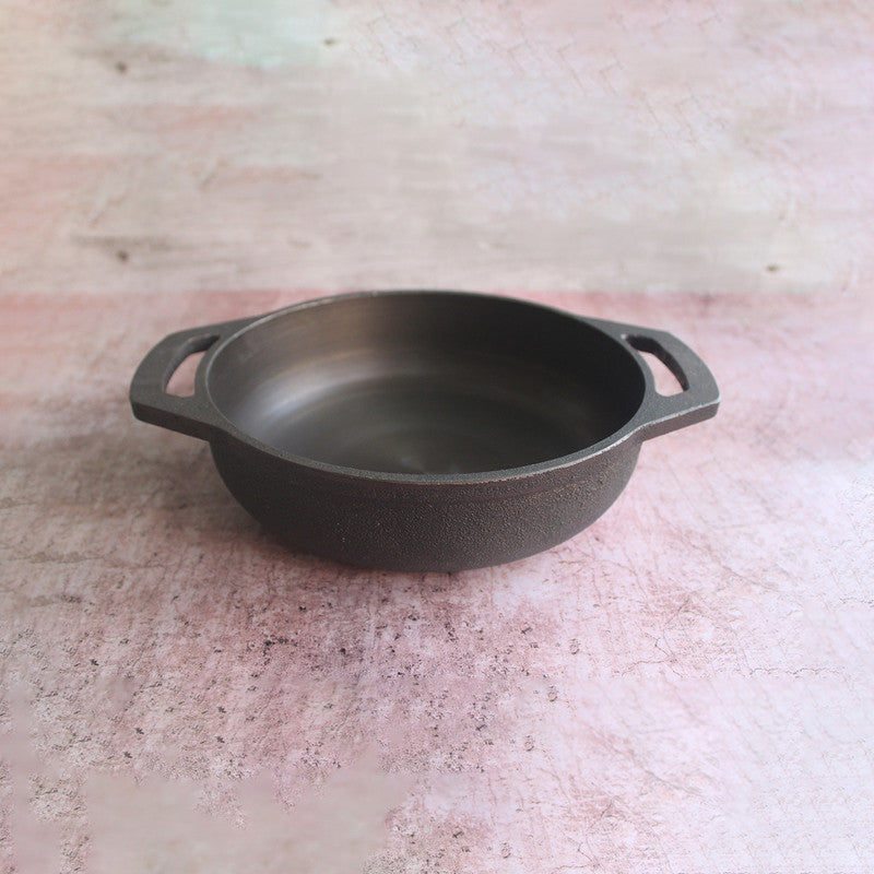 Cast Iron Kadai | Smooth Flat | Black | 9 inches