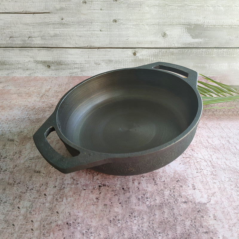 Cast Iron Kadai | Smooth Flat | Black | 9 inches