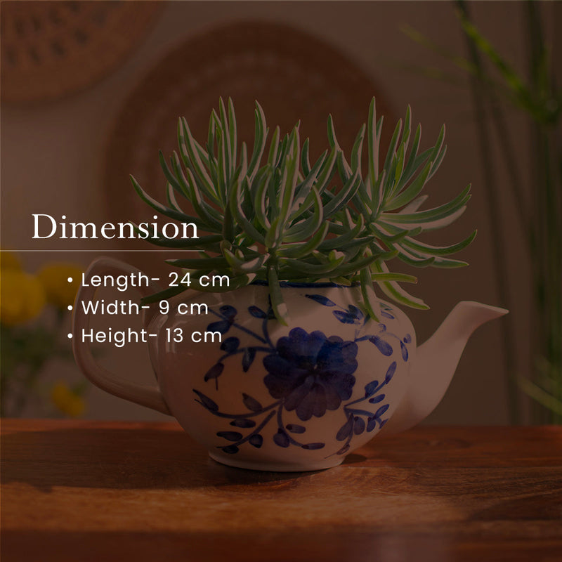 Ceramic Planter | Succulent Planter | Teapot Style | White & Blue | 24 cm