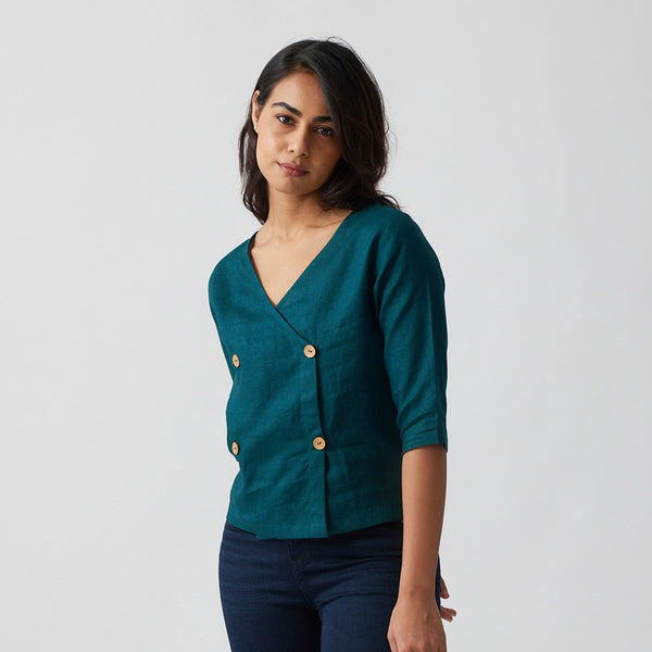 Linen Wrap Top for Women | Dark Teal