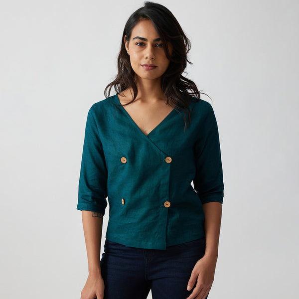 Linen Wrap Top for Women | Dark Teal