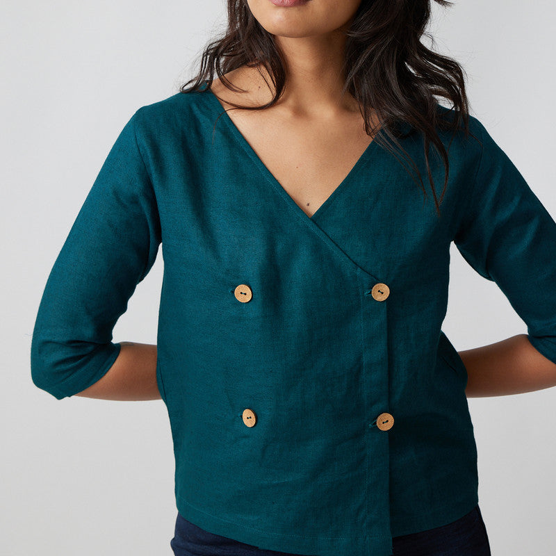 Linen Wrap Top for Women | Dark Teal