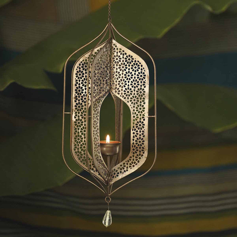 Home Decor Items | Brass Antique Hanging T Light | L-6.5 W-6.5 H-12.5, Chain-12 Inches.