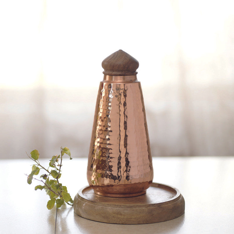 Copper Water Bottle | Wooden Knob | Dia-4xH-9.5 inch