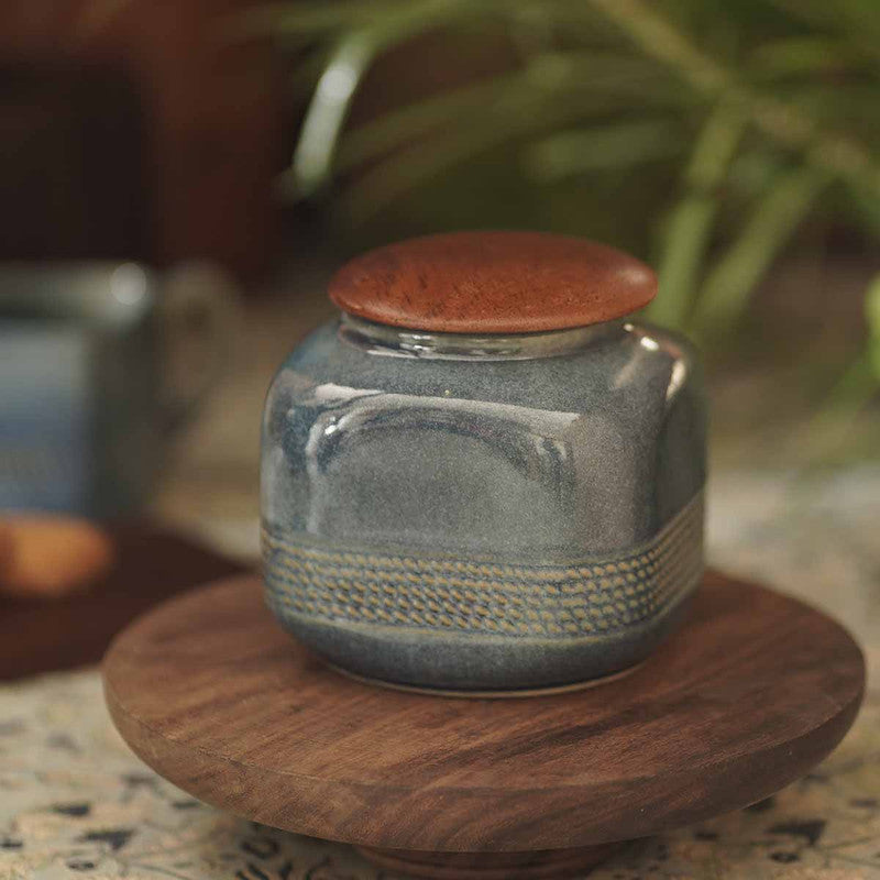 Handcrafted Blue Ceramic & Wood Container.