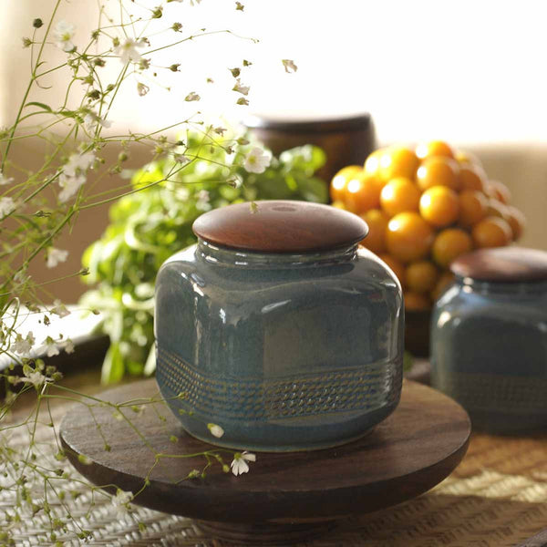 Handcrafted Blue Ceramic & Wood Container.