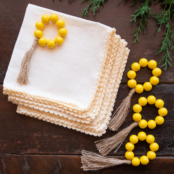 Cotton Table Napkins | Wooden Napkin Rings | Yellow | Set of 8