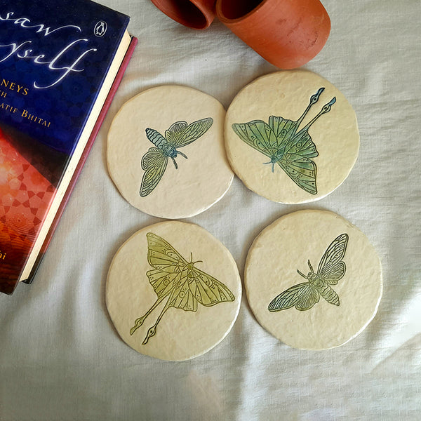 Papier Mache Coasters | Beige & Blue | Set of 4