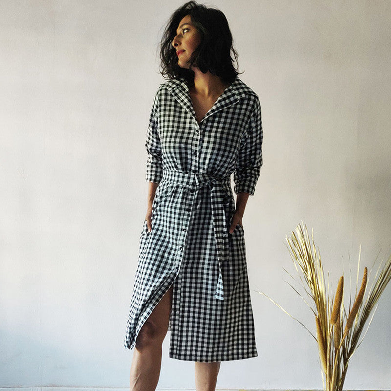 Cotton Checkered Shirt Dress | Black & White