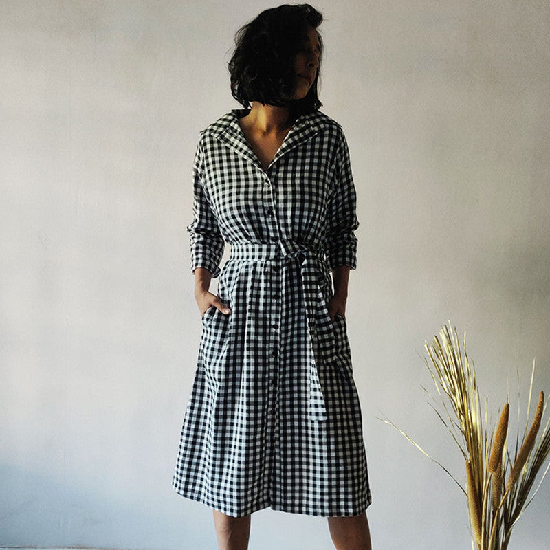 Cotton Checkered Shirt Dress | Black & White