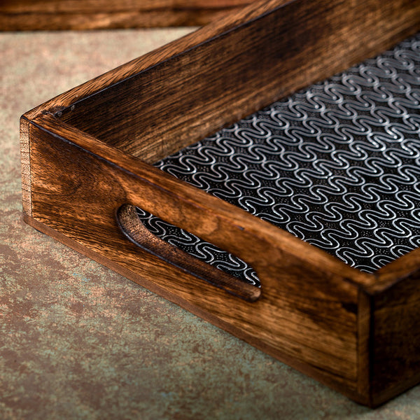 Wooden Tray | Mango Wood | Brown & Silver | 12x8 inch