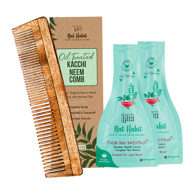 Nat Habit Dual Tooth kacchi Neem Comb & Crushed TriLeaf NutriMask Combo | Set of 3