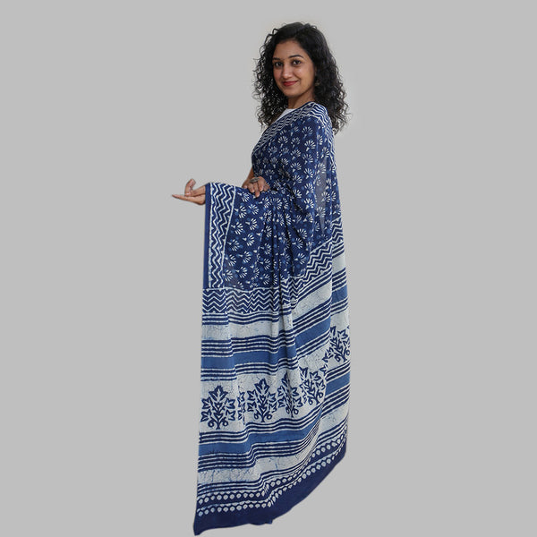 Mulmul Cotton Saree | Dabu Hand Block Print | Indigo