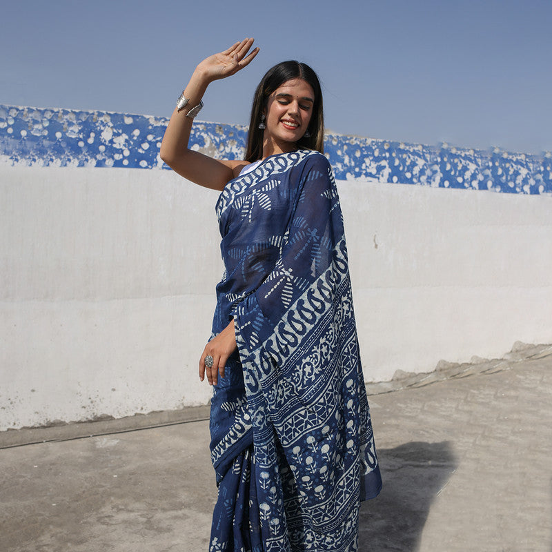 Mulmul Cotton Saree | Hand Block Print | Indigo