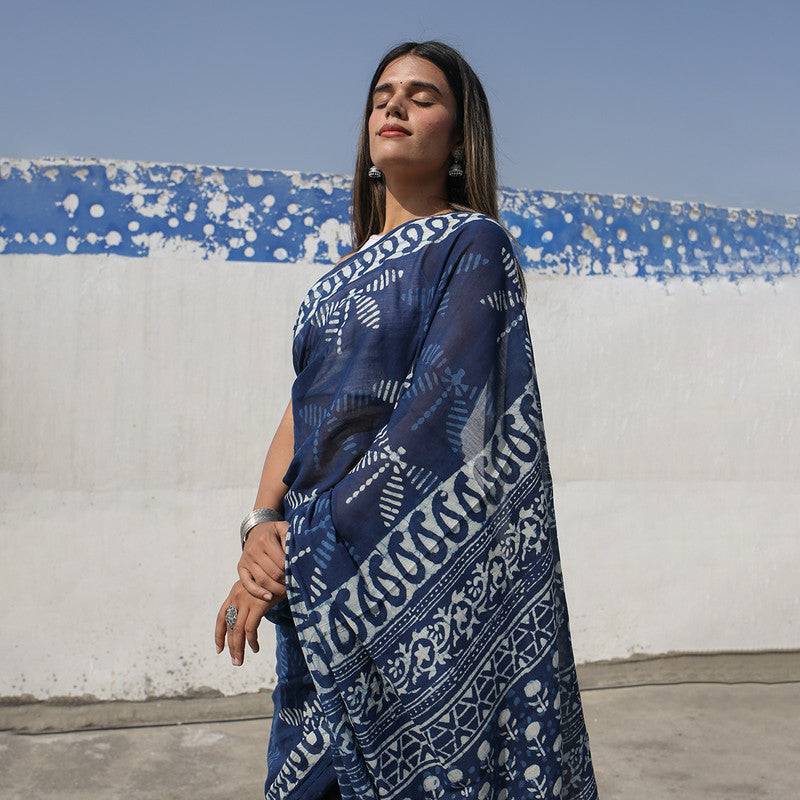 Mulmul Cotton Saree | Hand Block Print | Indigo