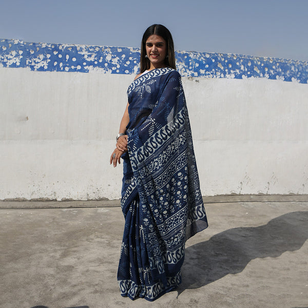 Mulmul Cotton Saree | Hand Block Print | Indigo