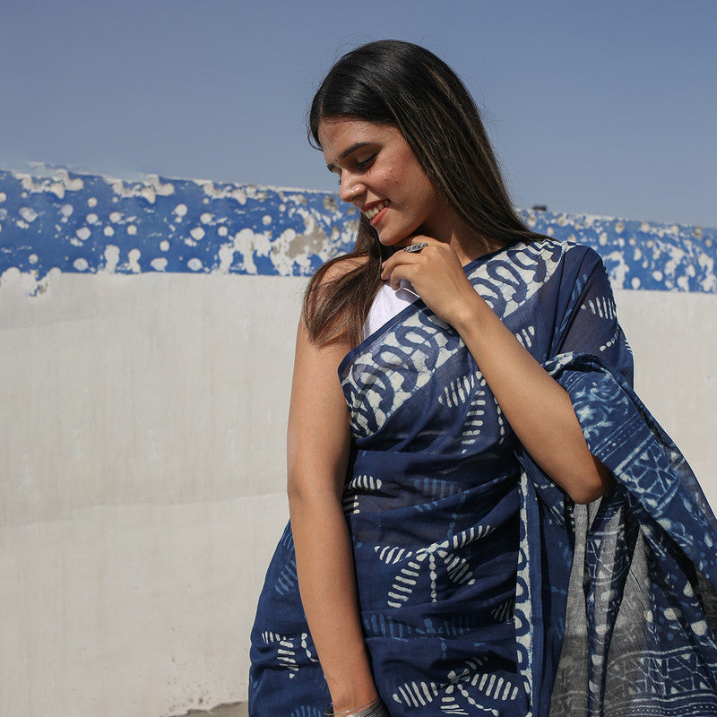 Mulmul Cotton Saree | Hand Block Print | Indigo