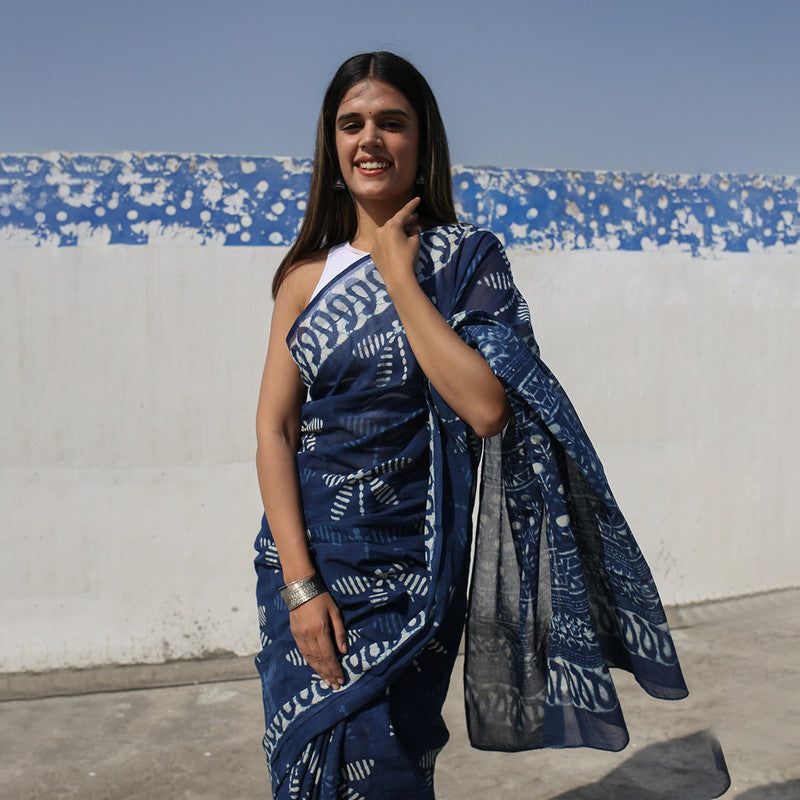 Mulmul Cotton Saree | Hand Block Print | Indigo