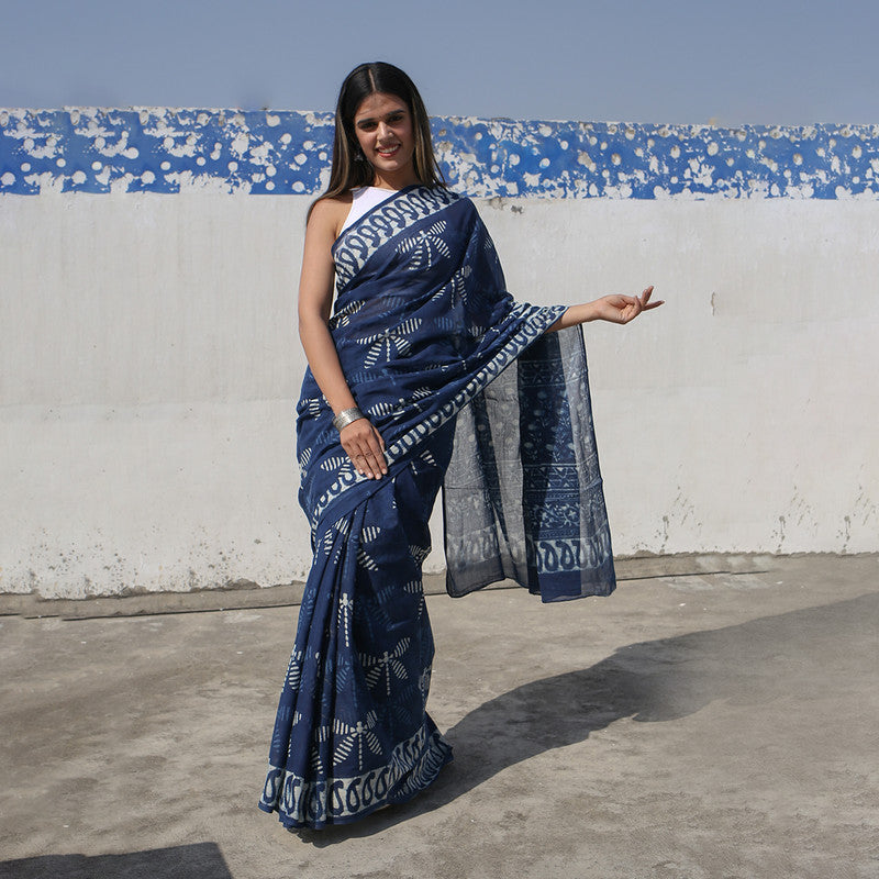 Mulmul Cotton Saree | Hand Block Print | Indigo