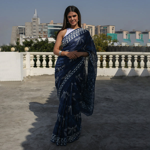 Mulmul Cotton Saree | Hand Block Print | Indigo