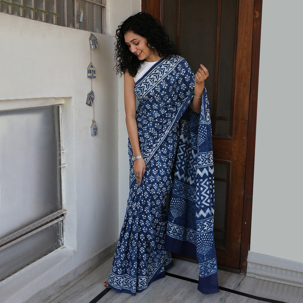 Mulmul Cotton Bagru Saree | Paisley Dabu Hand Block Print | Indigo