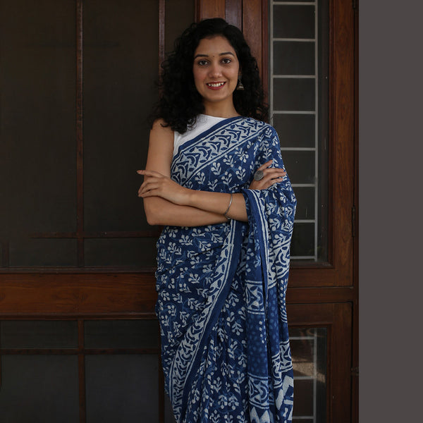 Mulmul Cotton Bagru Saree | Paisley Dabu Hand Block Print | Indigo