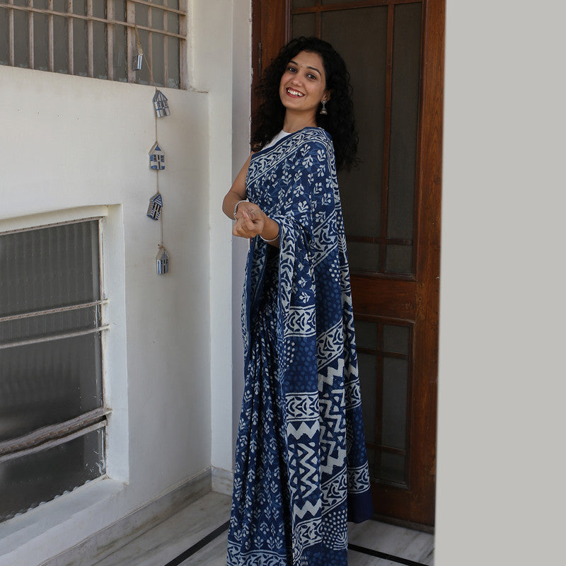 Mulmul Cotton Bagru Saree | Paisley Dabu Hand Block Print | Indigo