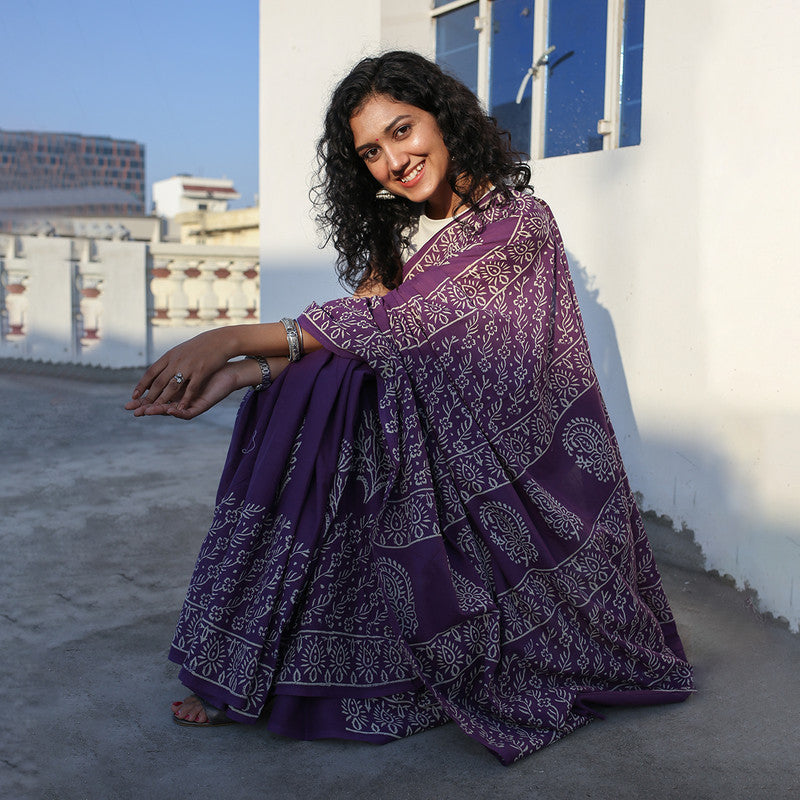 Mulmul Cotton Saree | Bagru Hand Block Print | Dark Violet