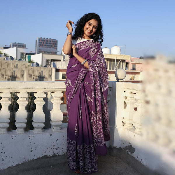 Mulmul Cotton Saree | Bagru Hand Block Print | Dark Violet