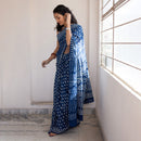 Mulmul Saree | Floral Dabu Print | Geometric Pattern | Indigo