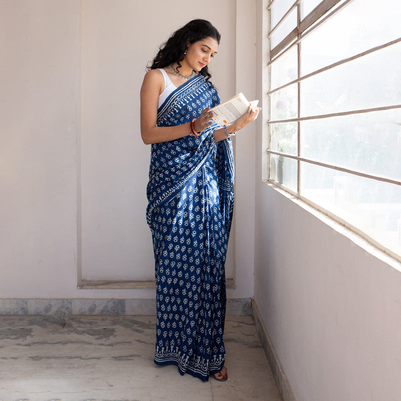 Mulmul Saree | Floral Dabu Print | Geometric Pattern | Indigo