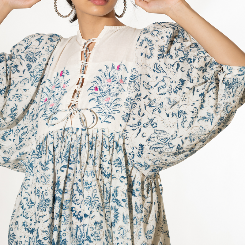 Cotton Floral Printed Dress | Indigo & White