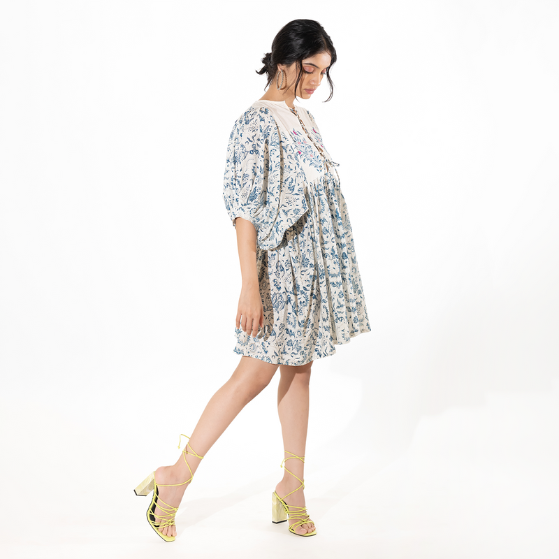 Cotton Floral Printed Dress | Indigo & White