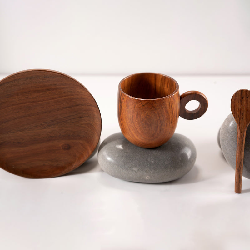 Sheesham Wood Cup & Saucer With Spoon.