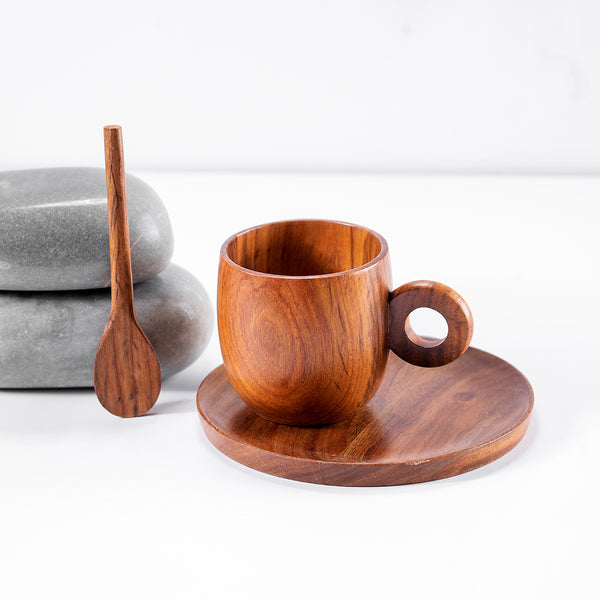 Sheesham Wood Cup & Saucer With Spoon.