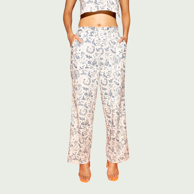 Cotton Floral Printed Pants | White & Blue