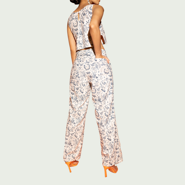 Cotton Floral Printed Pants | White & Blue