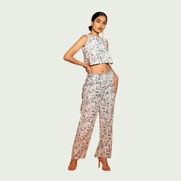 Cotton Floral Printed Pants | White & Blue